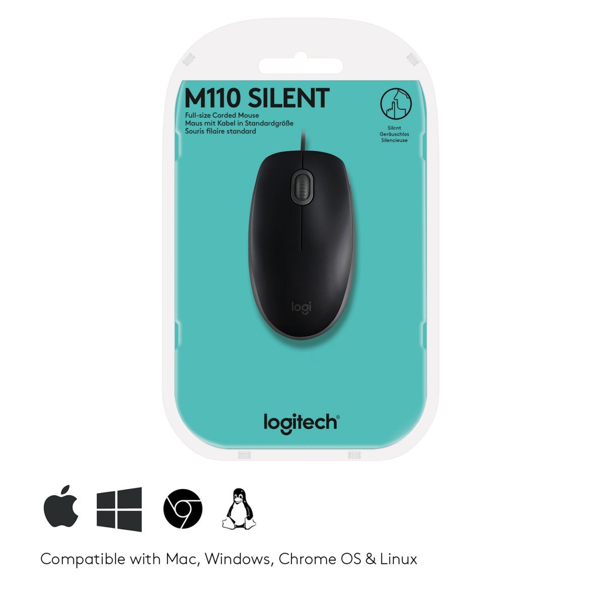 LOGITECH B110 Silent Mouse right and left-handed optical 3 buttons wired USB