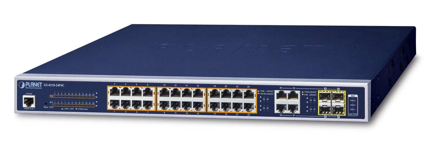 PLANET GS-4210-24P4C commutateur réseau Géré L2/L4 Gigabit Ethernet (10/100/1000) Connexion Ethernet, supportant l'alimentation via ce port (PoE) 1U Bleu