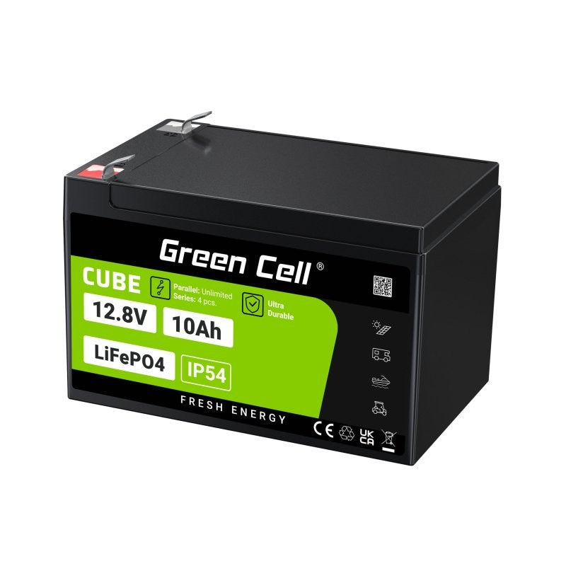 Green Cell LFPGC12V10AH CUBE Batterie LiFePO4 10Ah 12.8V 128Wh Lithium-Fer-Phosphate pour alimentation de secours et éclairage, centrales d'alarme