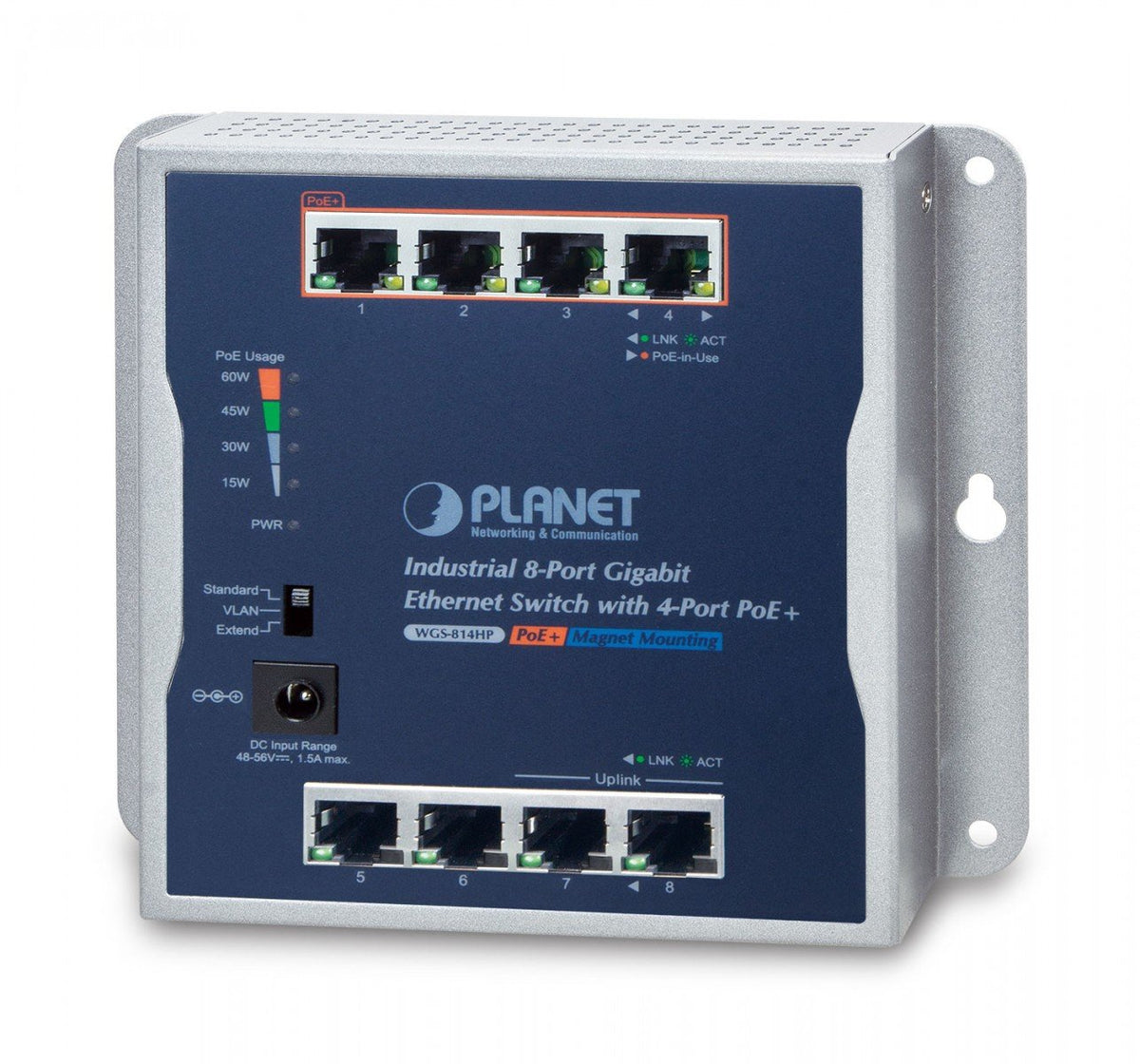 PLANET P30 Industrial 8-Port Non-géré Connexion Ethernet, supportant l'alimentation via ce port (PoE) Bleu, Gris