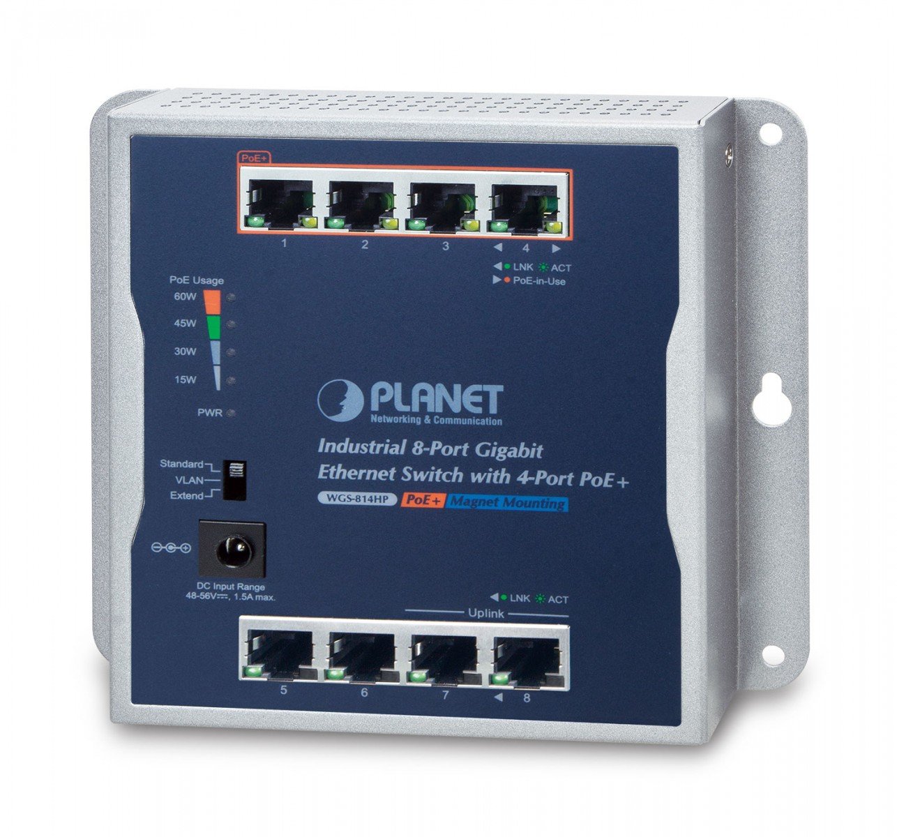 PLANET P30 Industrial 8-Port Non-géré Connexion Ethernet, supportant l'alimentation via ce port (PoE) Bleu, Gris