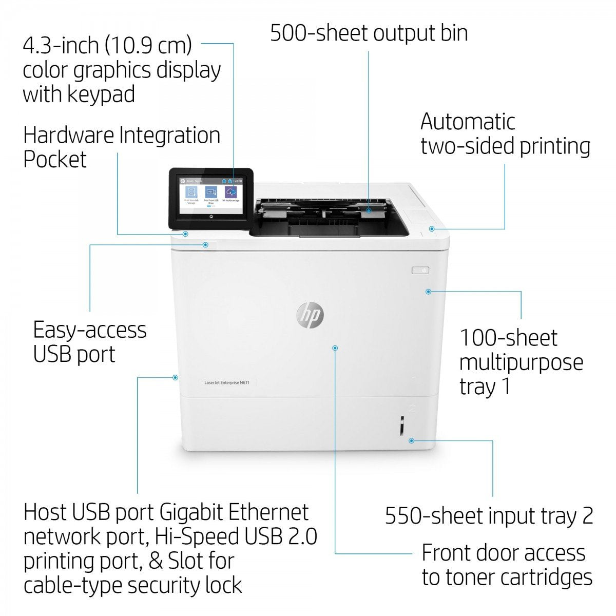 HP LaserJet Enterprise M611dn Printer Mono Duplex laser A4 1200x1200dpi 61ppm 650sheets USB LAN