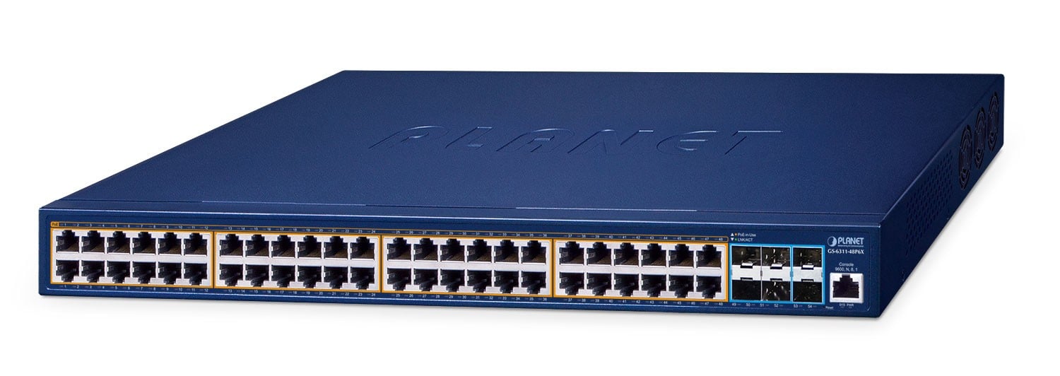 PLANET GS-6311-48P6X commutateur réseau Géré L3 Gigabit Ethernet (10/100/1000) Connexion Ethernet, supportant l'alimentation via ce port (PoE) Bleu