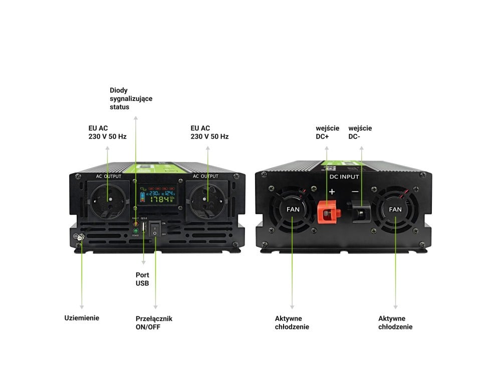 Green Cell Przetwornica napicia PowerInverter LCD 12 V 2000W/40000W Przetwornica samochodowa z wywietlaczem - czysty sinus adaptateur de puissance & onduleur Au