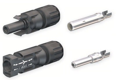 Ensemble connecteur MC4 Multi-Contact PV-KBT 4/6I-UR (+) et PV-KST4/6I-UR (-) de Staubli / plage de diametre extérieur de câble 5,5-7,4mm