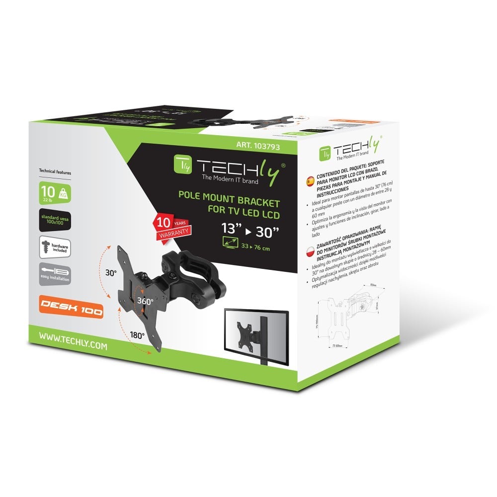 "Support de montage sur poteau TV Techly ICA-LCD 100BK 13-30"" pour installation de moniteur rotatif sur tuyau"