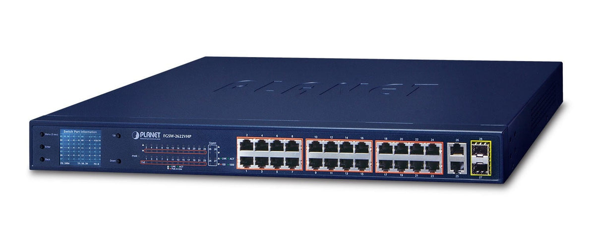 PLANET FGSW-2622VHP commutateur réseau Non-géré L2 Fast Ethernet (10/100) Connexion Ethernet, supportant l'alimentation via ce port (PoE) 1U Bleu