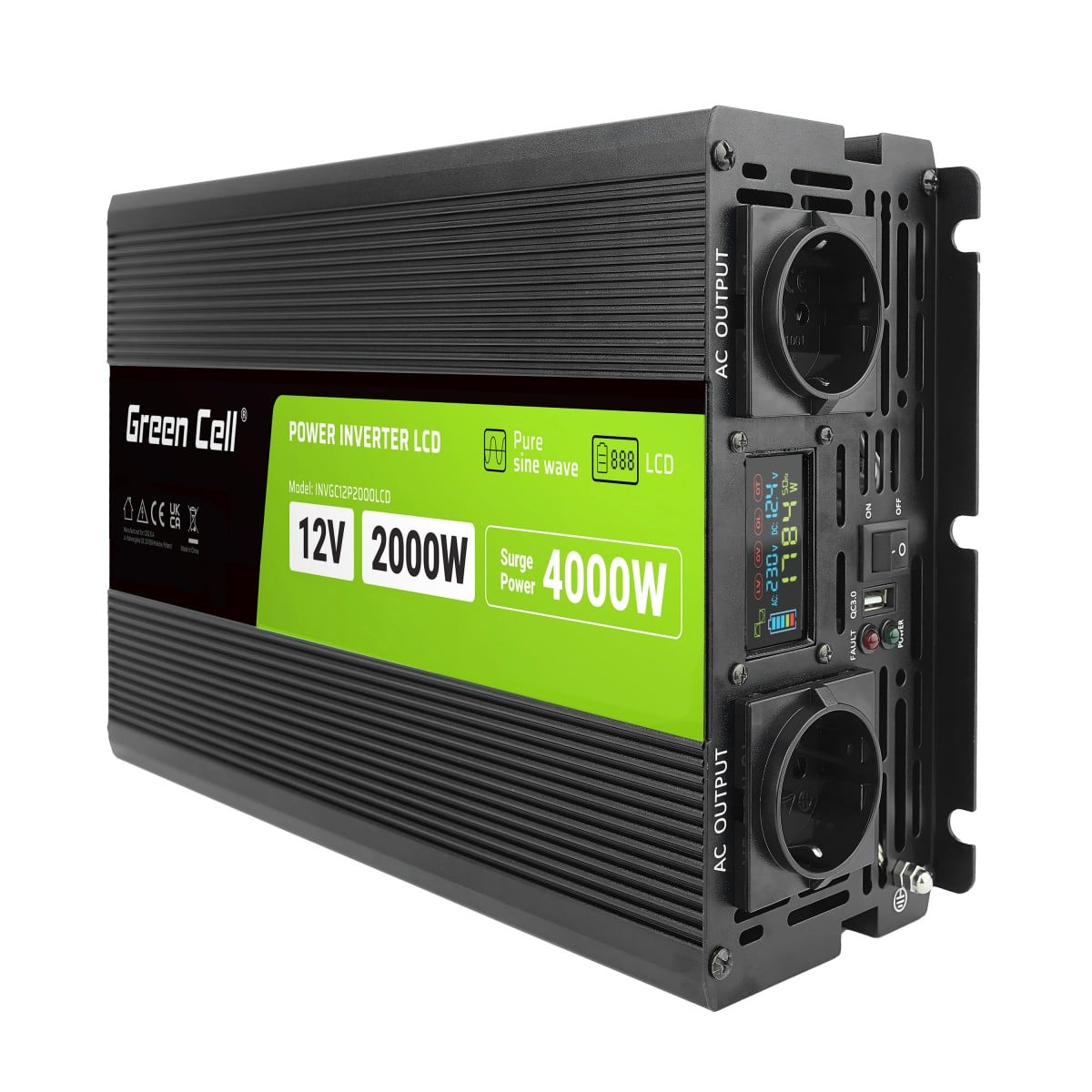 Green Cell Przetwornica napicia PowerInverter LCD 12 V 2000W/40000W Przetwornica samochodowa z wywietlaczem - czysty sinus adaptateur de puissance & onduleur Au