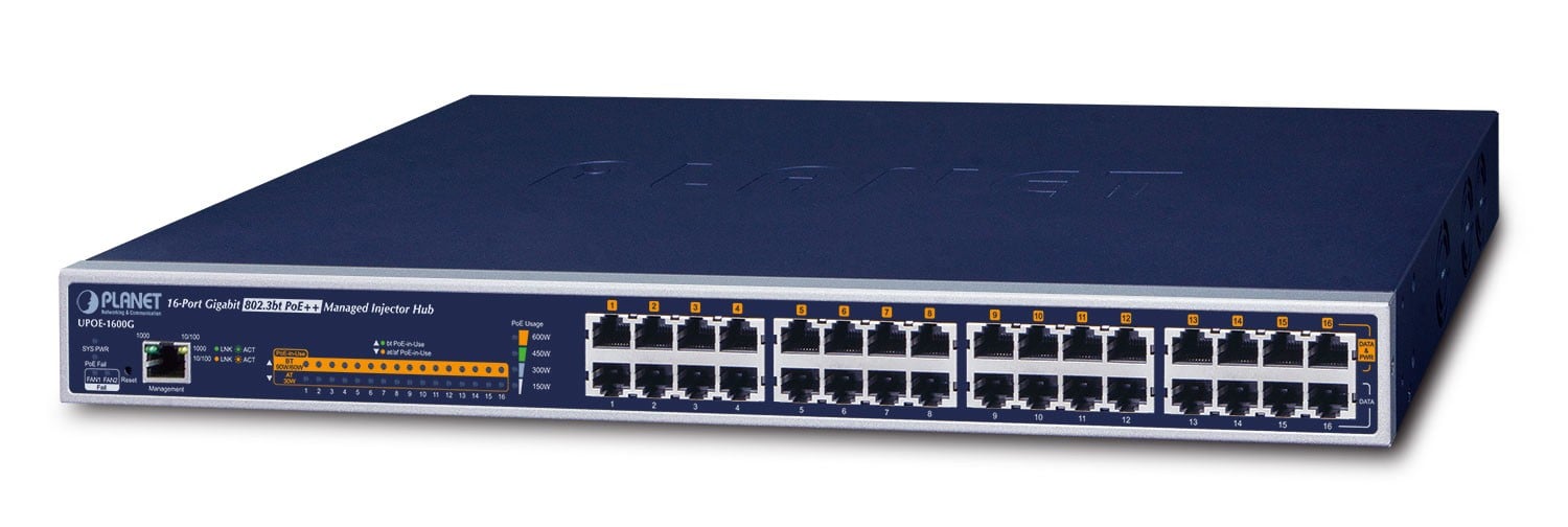 PLANET UPOE-1600G commutateur réseau Géré Gigabit Ethernet (10/100/1000) Connexion Ethernet, supportant l'alimentation via ce port (PoE) 1U Bleu