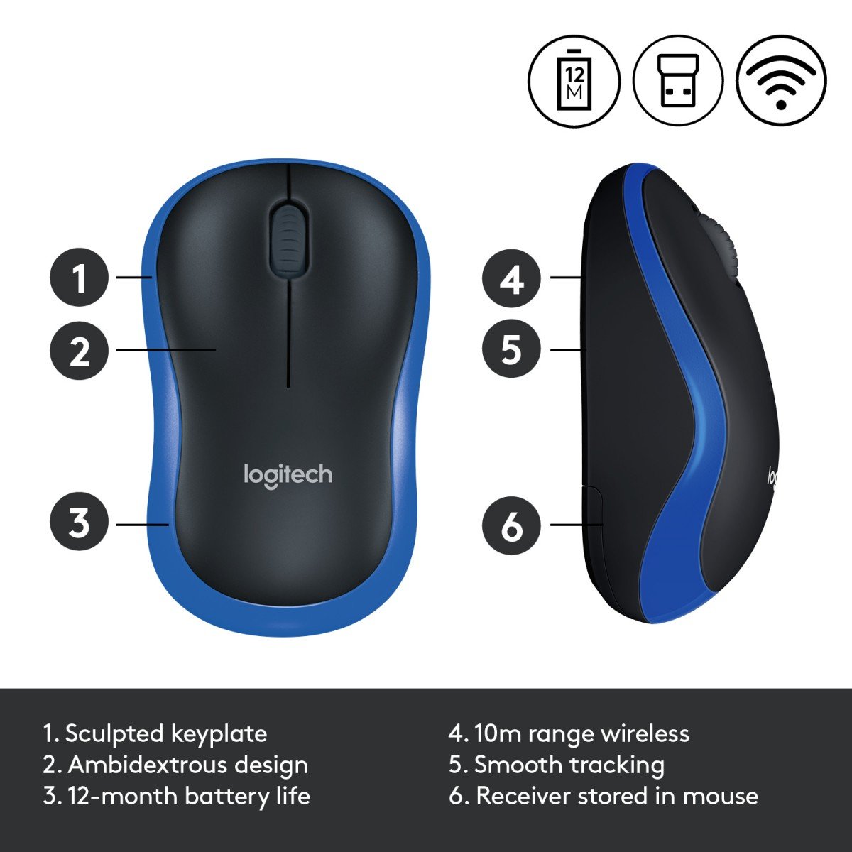 LOGITECH M185 Mouse optical wireless 2.4 GHz USB wireless receiver blue