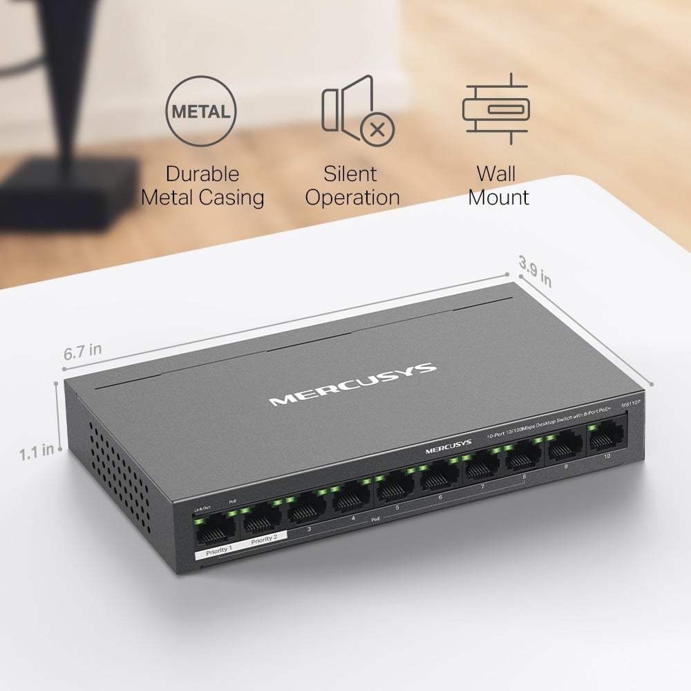 Mercusys MS110P commutateur réseau Géré Fast Ethernet (10/100) Connexion Ethernet, supportant l'alimentation via ce port (PoE) Noir