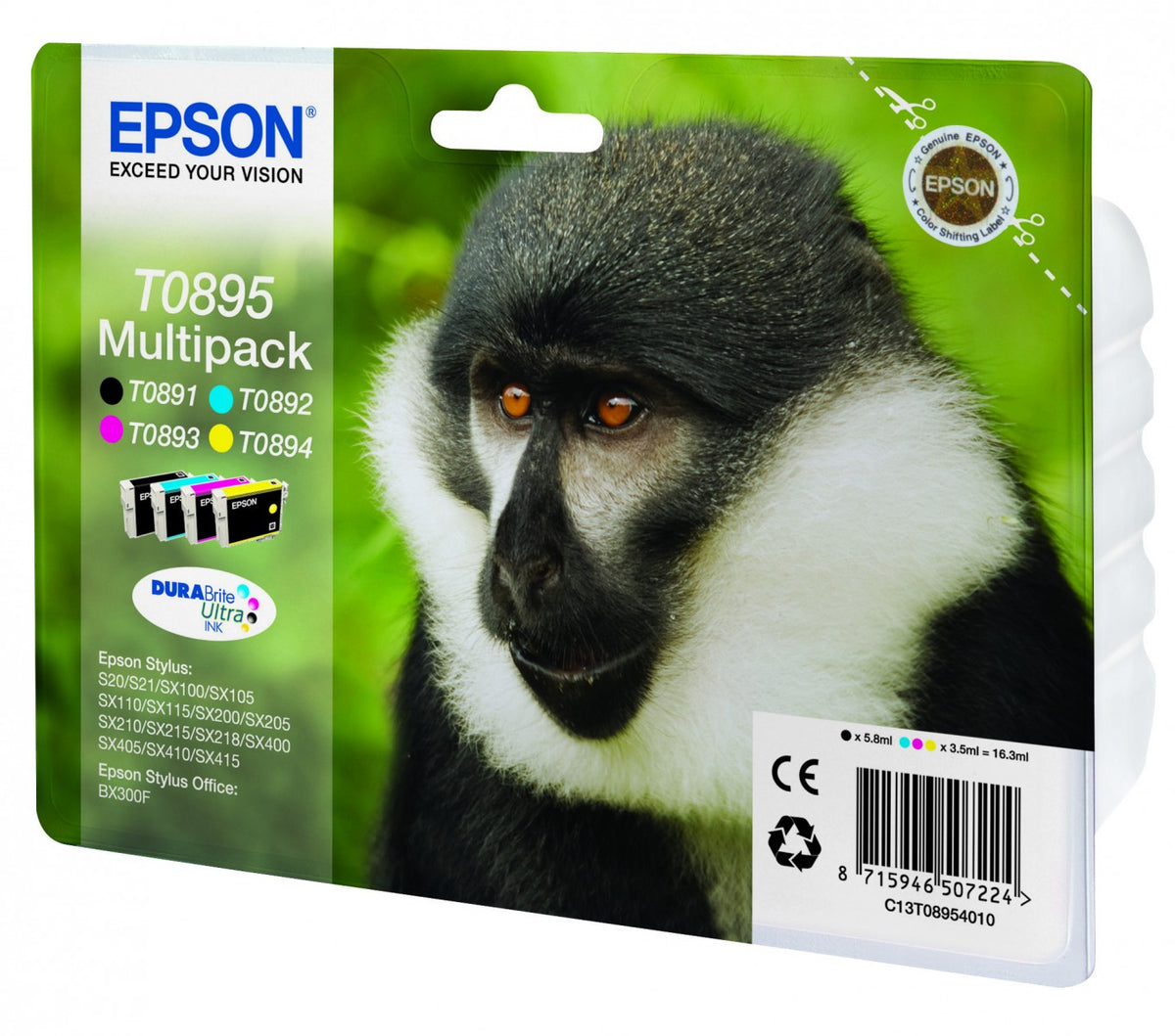 EPSON 2LB T0895 ink cartridge black and tri-colour standard capacity 16.3ml 1-pack blister without alarm