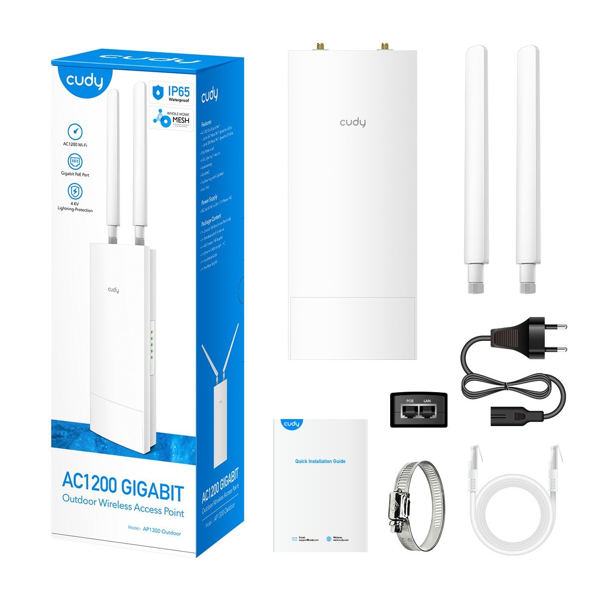 Cudy AP1300 Outdoor 1167 Mbit/s Blanc Connexion Ethernet, supportant l'alimentation via ce port (PoE)
