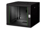 "Armoire réseau suspendue Unique 19"" 9U rack 600x600, portes en verre, noire, divisée, assemblée, 100 kg double sectionnée, pivotante, 509x600x600 mm,"