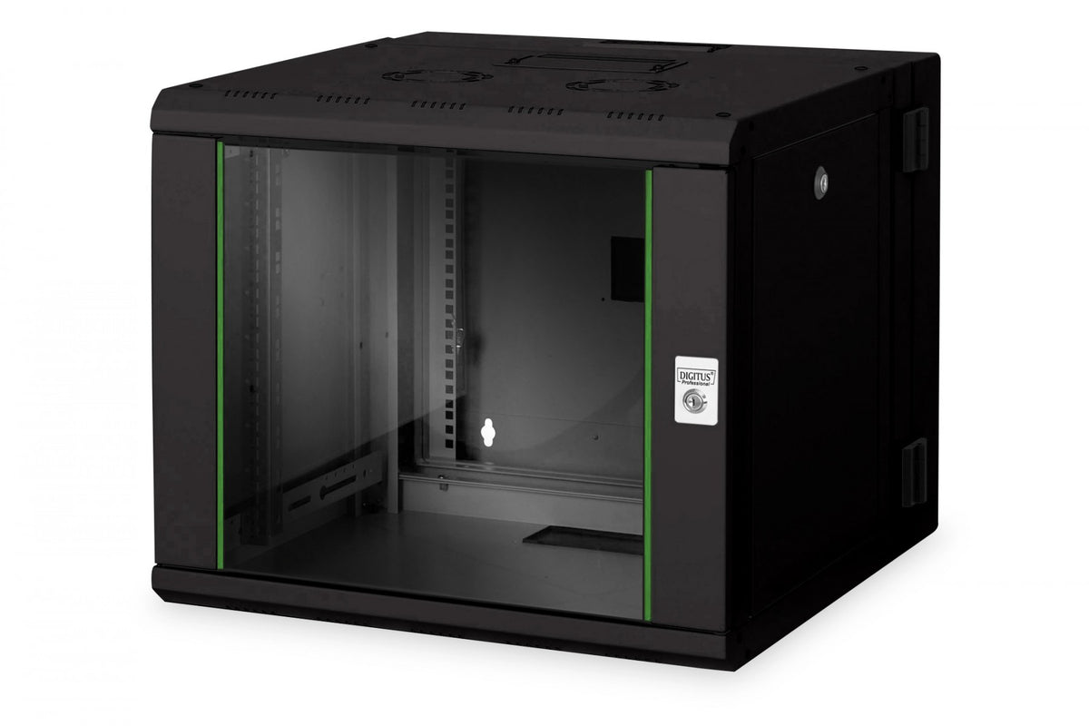 "Armoire réseau suspendue Unique 19"" 9U rack 600x600, portes en verre, noire, divisée, assemblée, 100 kg double sectionnée, pivotante, 509x600x600 mm,"