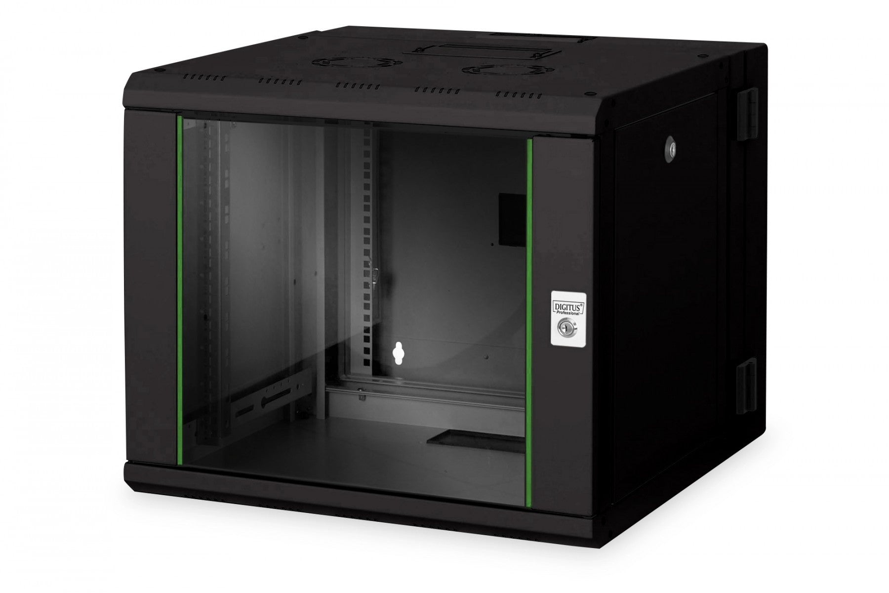 "Armoire réseau suspendue Unique 19"" 9U rack 600x600, portes en verre, noire, divisée, assemblée, 100 kg double sectionnée, pivotante, 509x600x600 mm,"