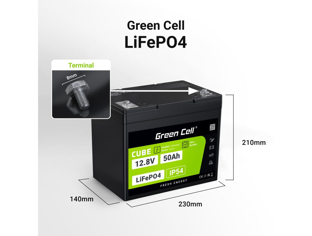 Green Cell LFPGC12V50AH CUBE Batterie LiFePO4 50Ah 12.8V 640Wh Lithium-Fer-Phosphate pour Camping-car, Chariot de golf, Éolienne