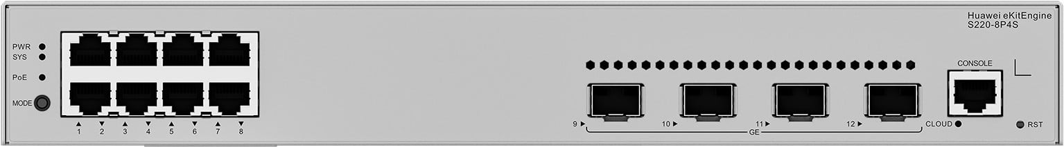 HUAWEI eKit S220 Series S220-8P4S Géré L2 Gigabit Ethernet (10/100/1000) Connexion Ethernet, supportant l'alimentation via ce port (PoE) 1U Gris