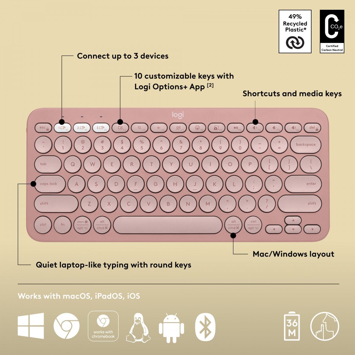 Logitech 920-011853 Pebble Keys 2 K380S Tonal Rose Clavier sans fil