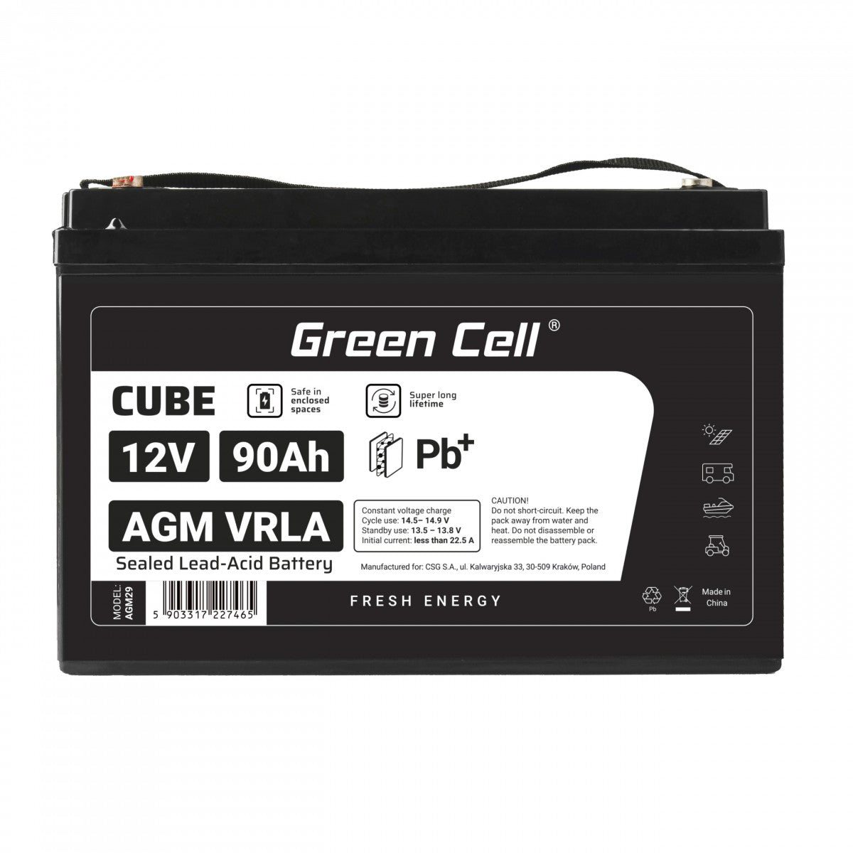 Batterie sans entretien Green Cell Cube AGM VRLA IP54 12V 90Ah pour camping-cars, photovoltaiques, panneaux solaires et bateaux