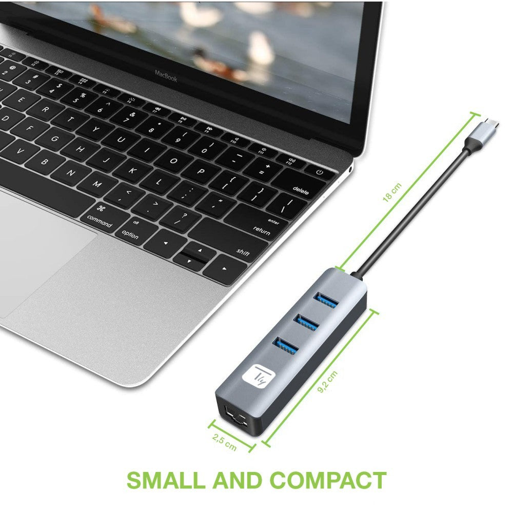 Techly IDATA USB-ETGIGA3CA Carte réseau/Adaptateur USB-C vers RJ45 Gigabit, hub 3x USB-A