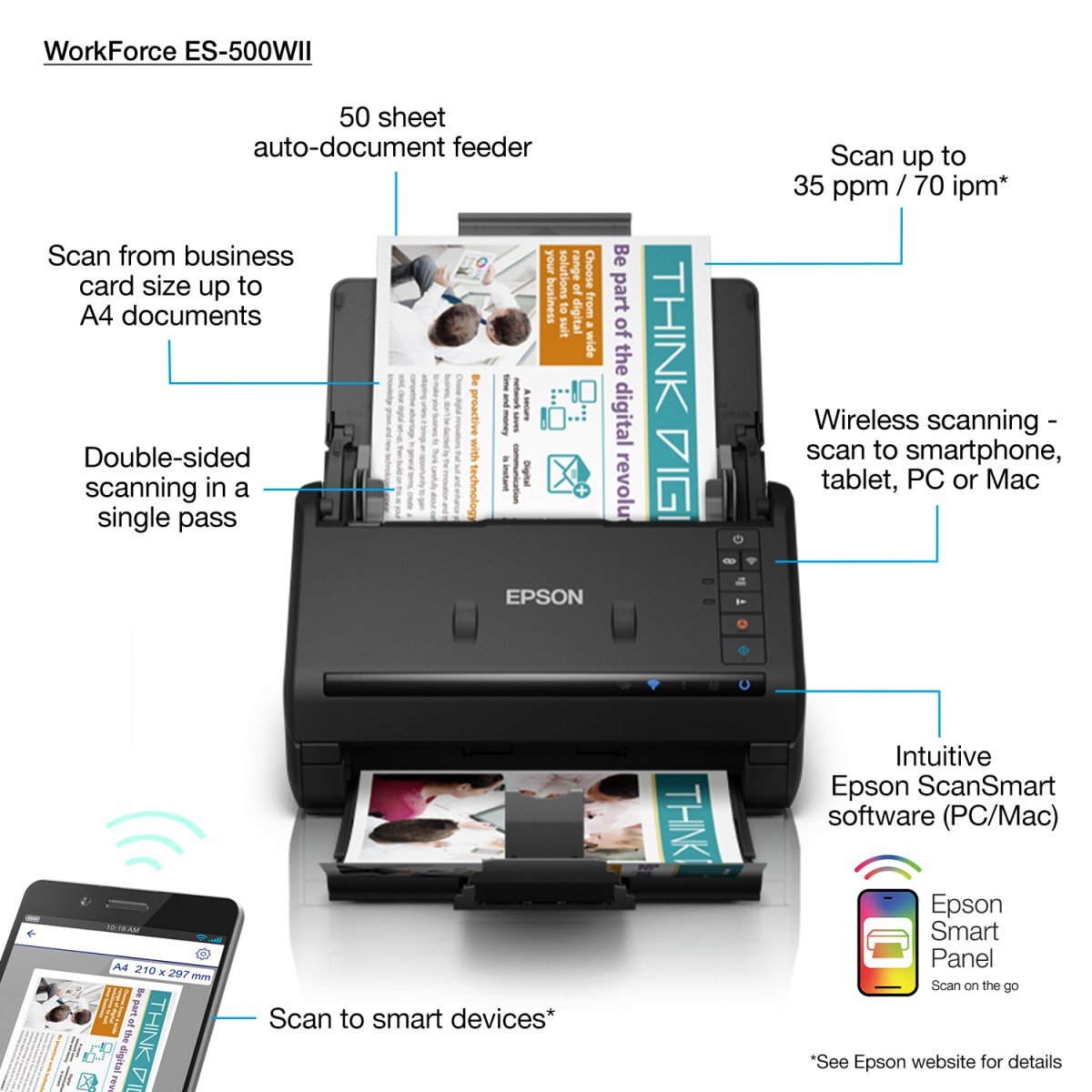EPSON WorkForce ES-500W II Document scanner Contact Image Sensor CIS Duplex 600x600dpi 35ppm ADF 100sheets 4000scans/d USB Wi-Fi