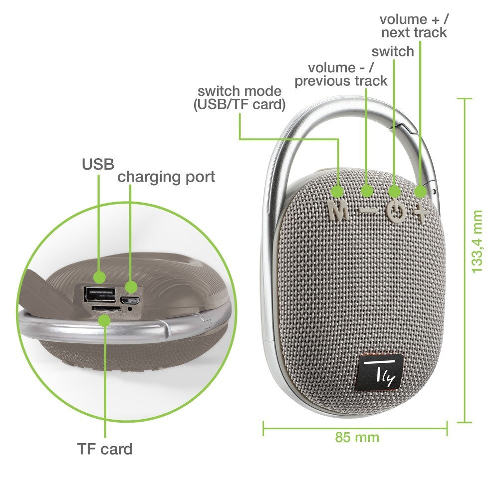 Techly ICASBL321GR Haut-parleur Bluetooth 5.3, 5W, TWS, LED, USB MicroSD MP3, gris