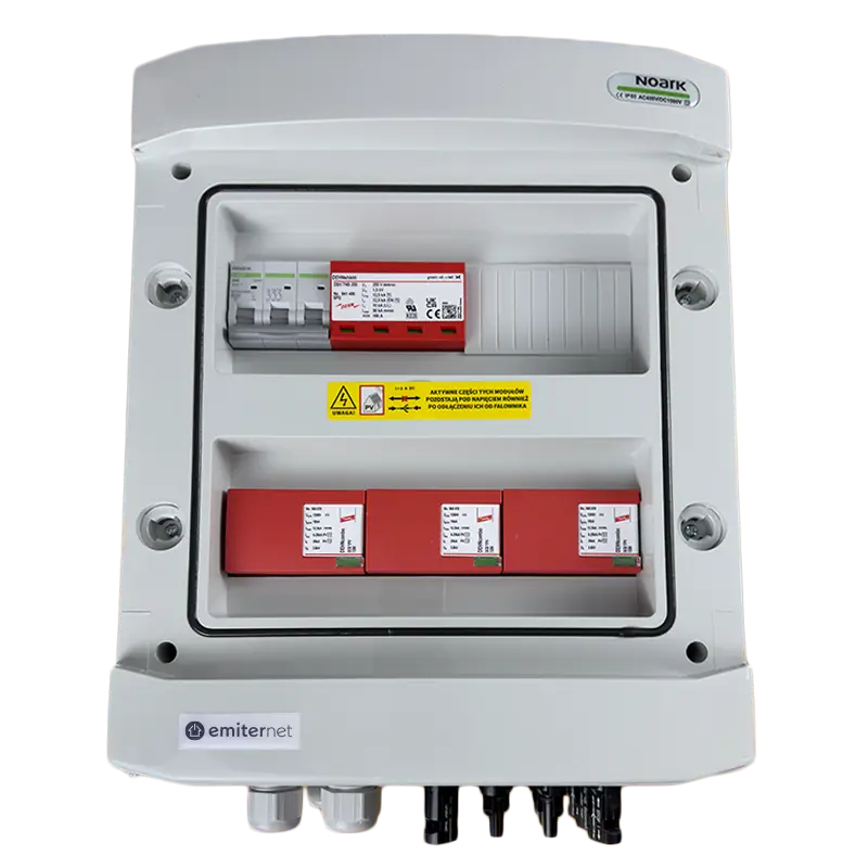 EMITER EM-1146_DCAC Tableau de distribution DCAC, IP65, SPD DC Dehn 1000V type 2, 3 chaînes PV, 3 MPPT, SPD AC Dehn type 2, 63A 3-F, RCD type A 63A/300mA