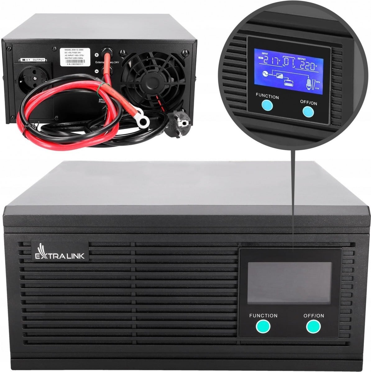 Extralink Piorun 3000VA/2100W remplaçant pour Volt Sinus Pro | Onduleur | Onde sinusoidale pure, tension de la batterie 24VDC, pas de câbles dans l'ensemble