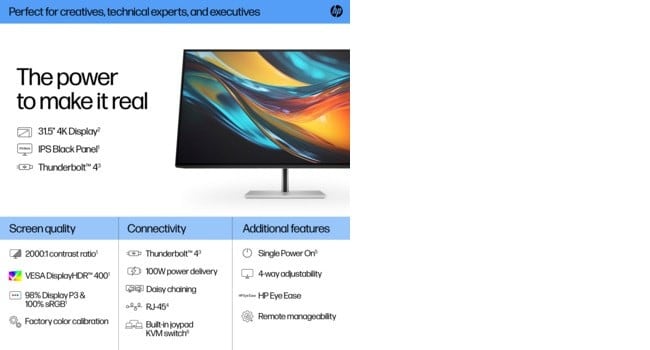 HP Écran 4K Série 7 Pro 732pk 31.5p 4K UHD 3840x2160 HDMI USB-C USB hub DisplayPort