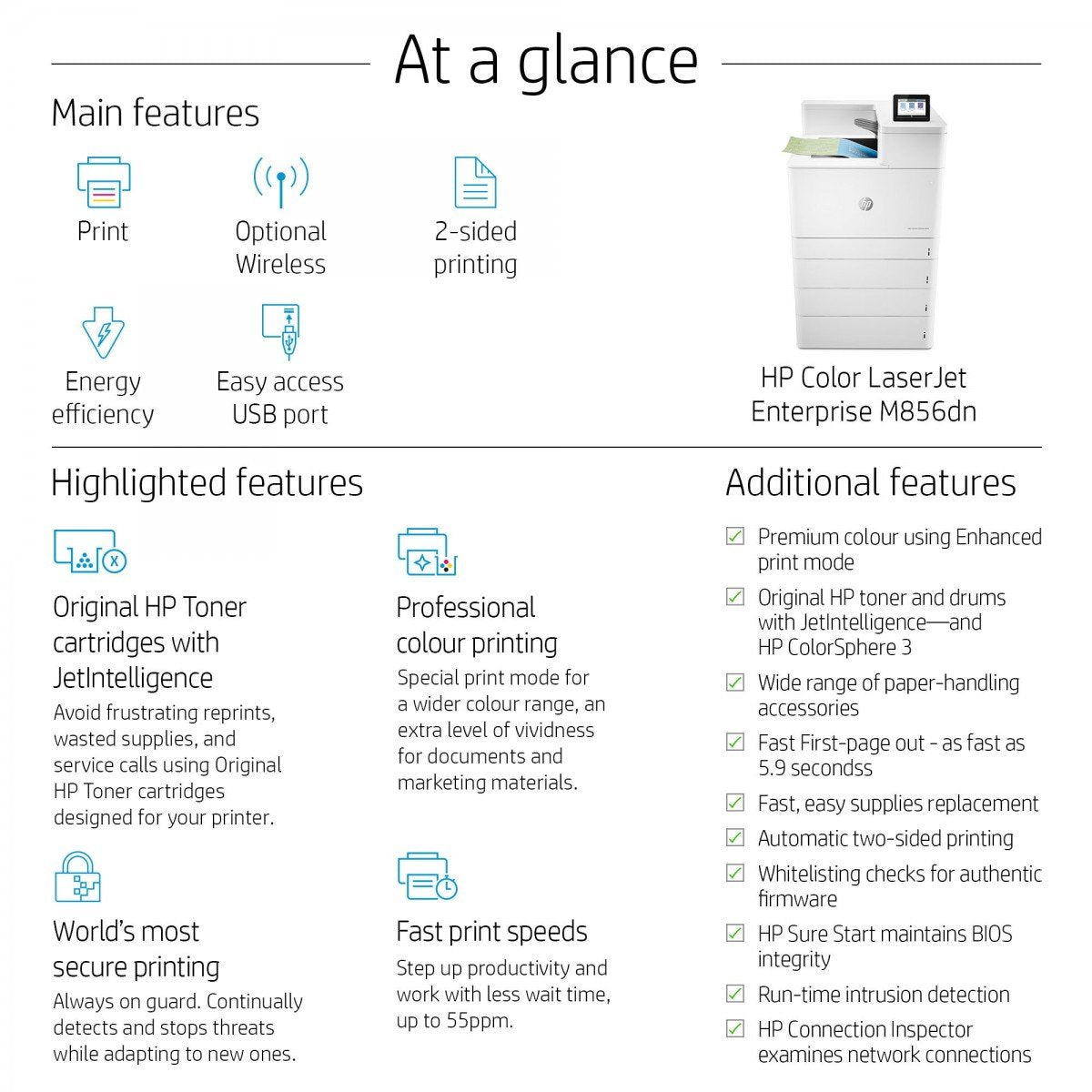 HP Color LaserJet Enterprise M856dn Printer colour Duplex laser A3 1200x1200dpi 56ppm mono 56ppm colour 650sheets USB LAN
