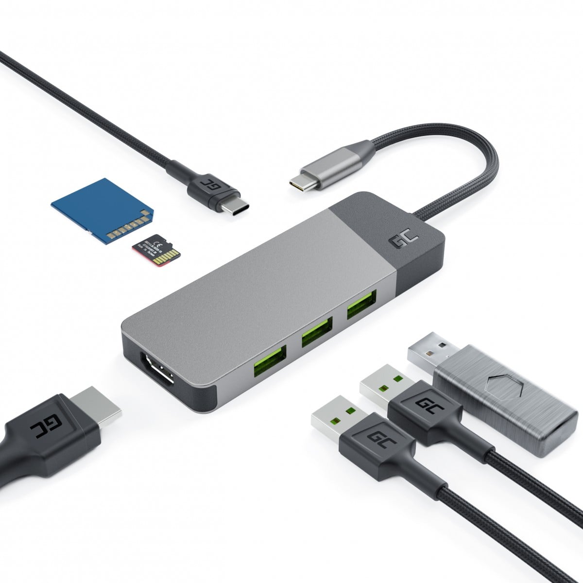 Green Cell HUBGC01 - USB Type-C - HDMI - USB 3.2 Gen 2 (3.1 Gen 2) Type-A - USB 3.2 Gen 2 (3.1 Gen 2) Type-C - MicroSD (TransFlash) - SD - 5000 Mbit/s - 60 Hz -