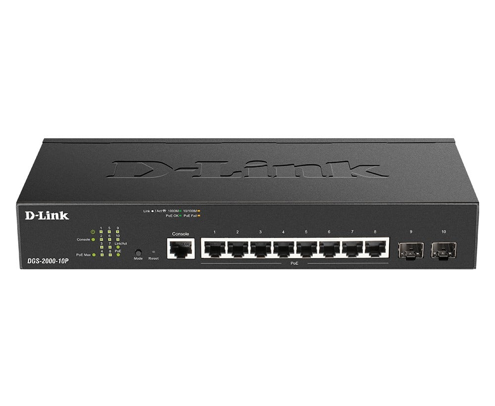 D-Link DGS-2000-10P commutateur réseau Géré L2/L3 Gigabit Ethernet (10/100/1000) Connexion Ethernet, supportant l'alimentation via ce port (PoE) 1U Noir