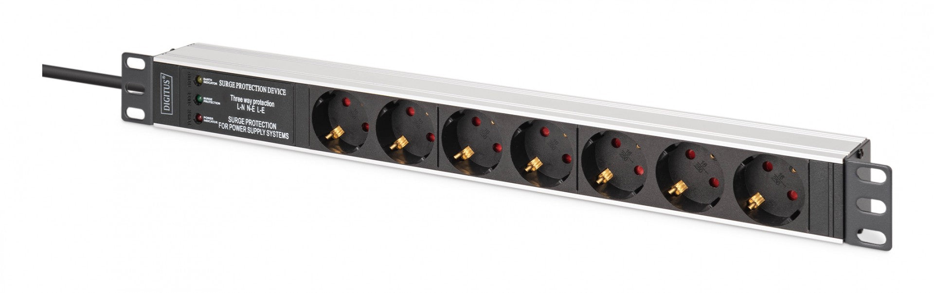 "Barre d'alimentation PDU Rack 19"" avec protection contre les surtensions + filtre EMI/RFI, 7 prises Schuko CEE 7/3 (45°), câble de 2m, fiche Unischuko CEE 7/7, "