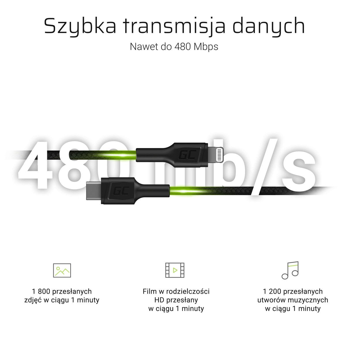 Green Cell KABGC07 câble Lightning 1 m Noir