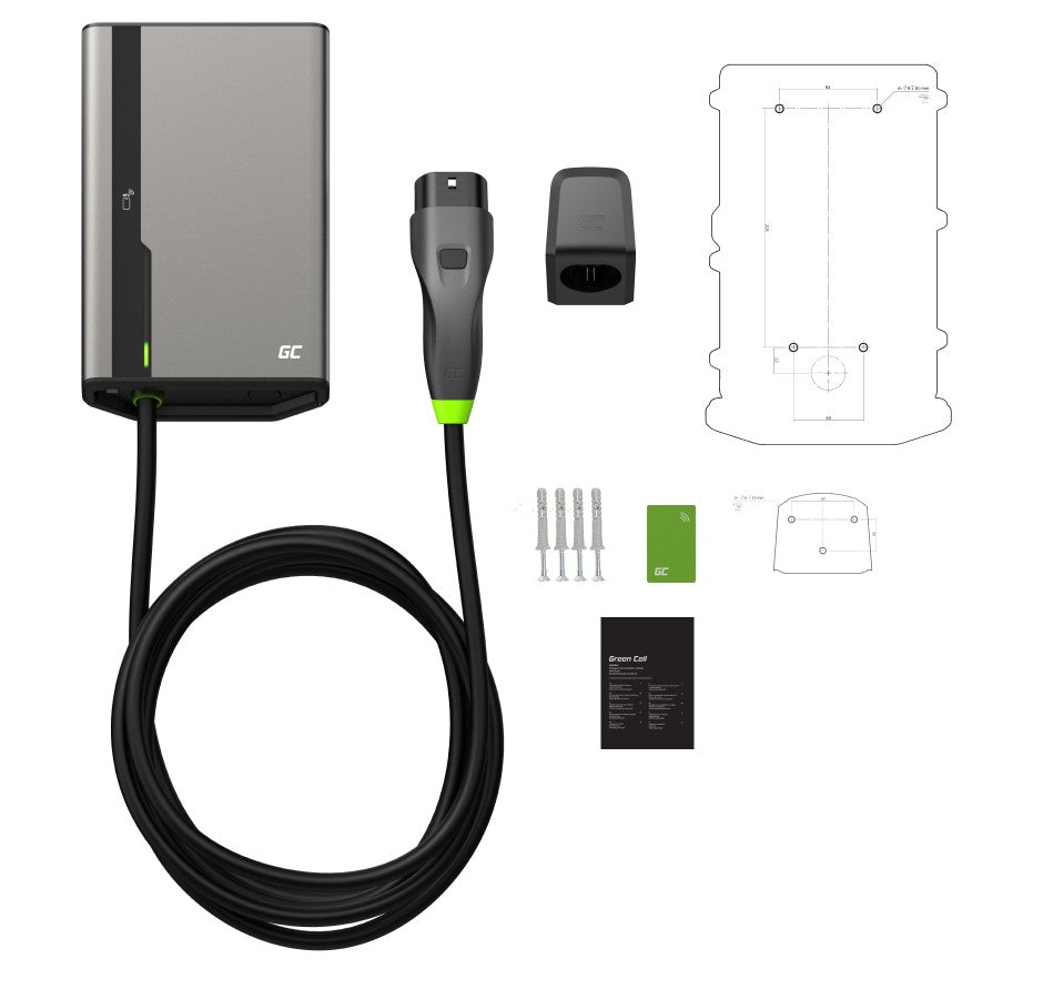 Green Cell EVGC021B2275 HabuDen Wallbox 22kW 32A 7.5m NFC Câble Type 2 Borne de recharge EV intelligente avec GC App Bluetooth WiFi