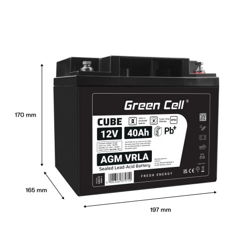 Batterie sans entretien Green Cell Cube AGM VRLA IP54 12V 40Ah pour tondeuses a gazon, scooters, bateaux et fauteuils roulants