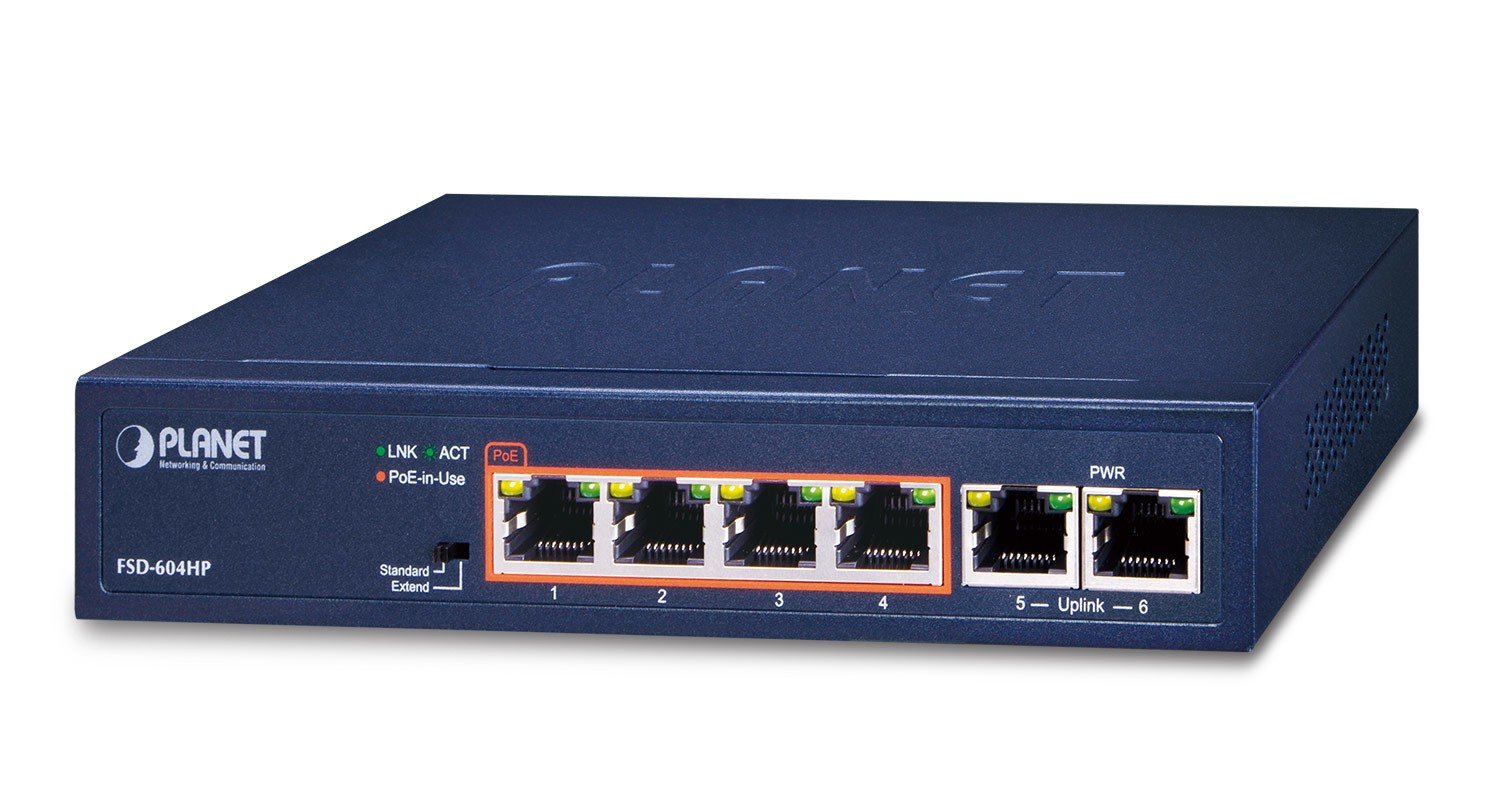 PLANET FSD-604HP commutateur réseau Non-géré Fast Ethernet (10/100) Connexion Ethernet, supportant l'alimentation via ce port (PoE) Bleu