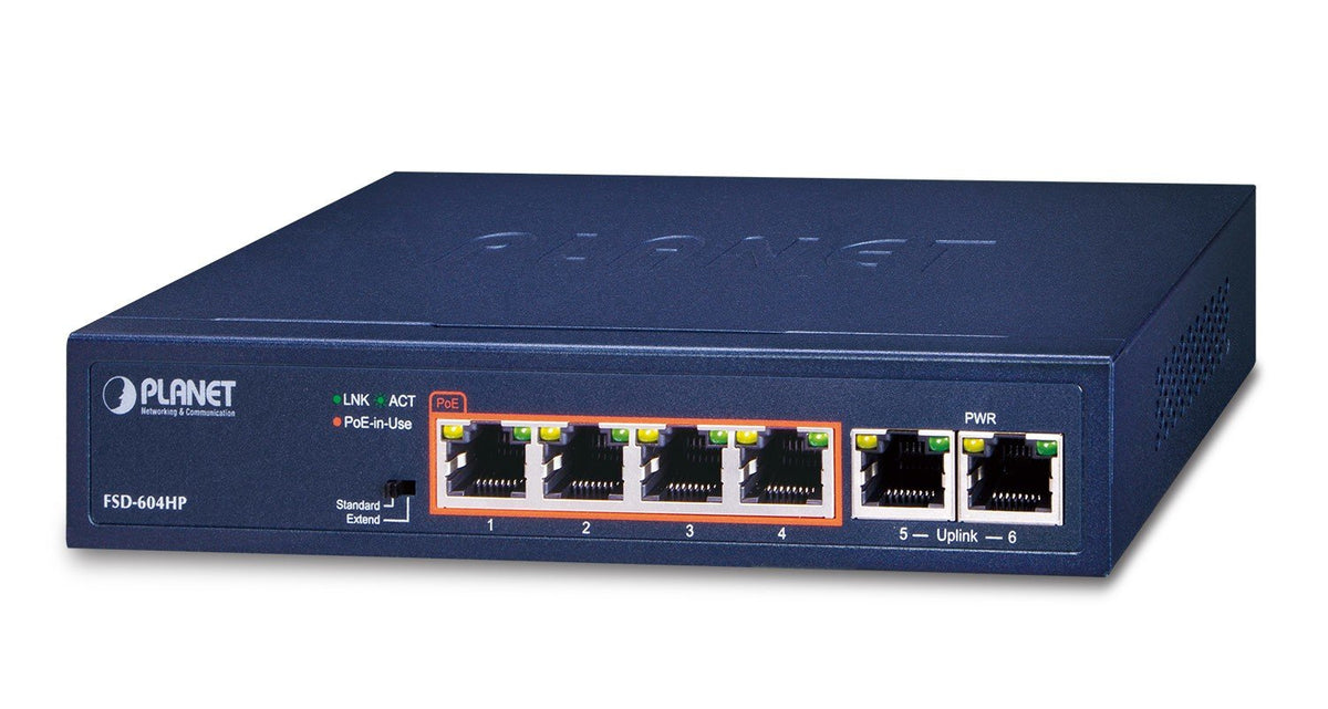 PLANET FSD-604HP commutateur réseau Non-géré Fast Ethernet (10/100) Connexion Ethernet, supportant l'alimentation via ce port (PoE) Bleu