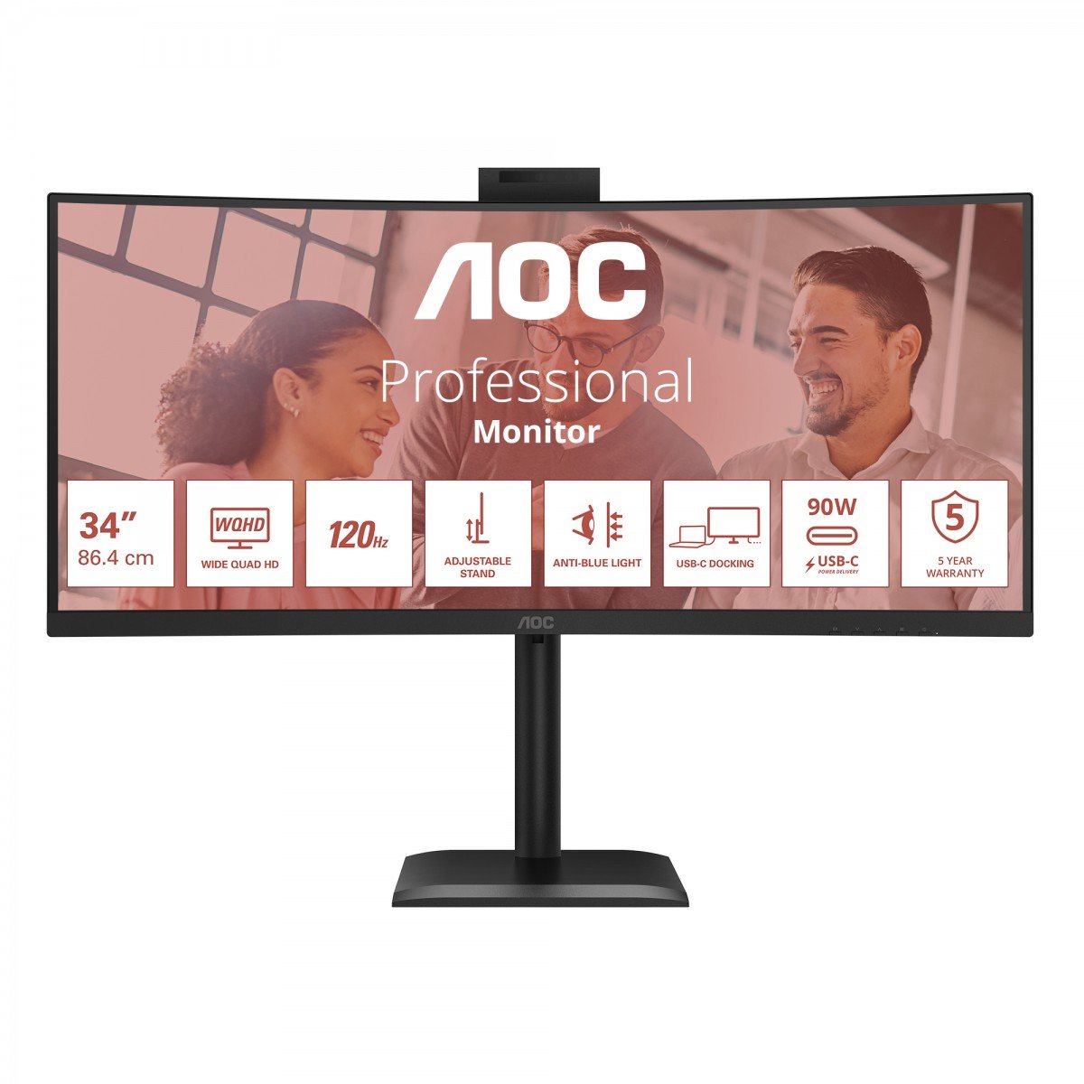 AOC CU34E4CW 34p 3440x1440 120HZ VA CURVED H/A 180 MM USB-C DOCKING TUV EyeComfort Hardware USB HUB DP HDMI