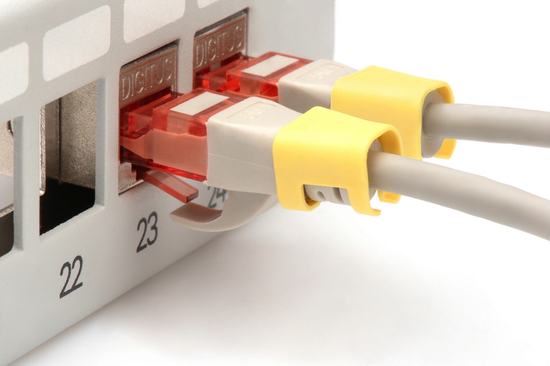 Clip coloré pour fiche RJ45, jaune, paquet de 100 pieces.