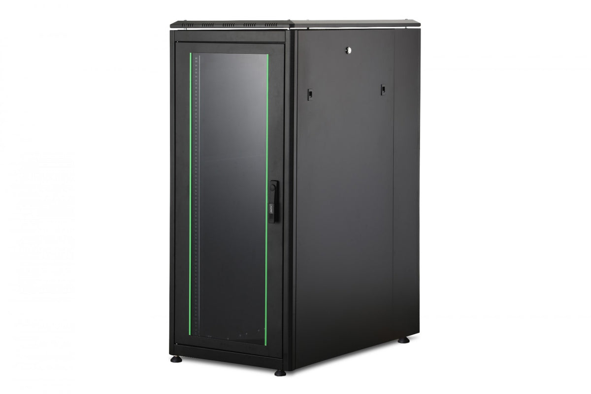 "Armoire réseau debout Unique 19"" 26U rack 600x1000, porte avant en verre, noir, 800kg 1342x600x1000 mm, couleur noire (RAL 9005)"