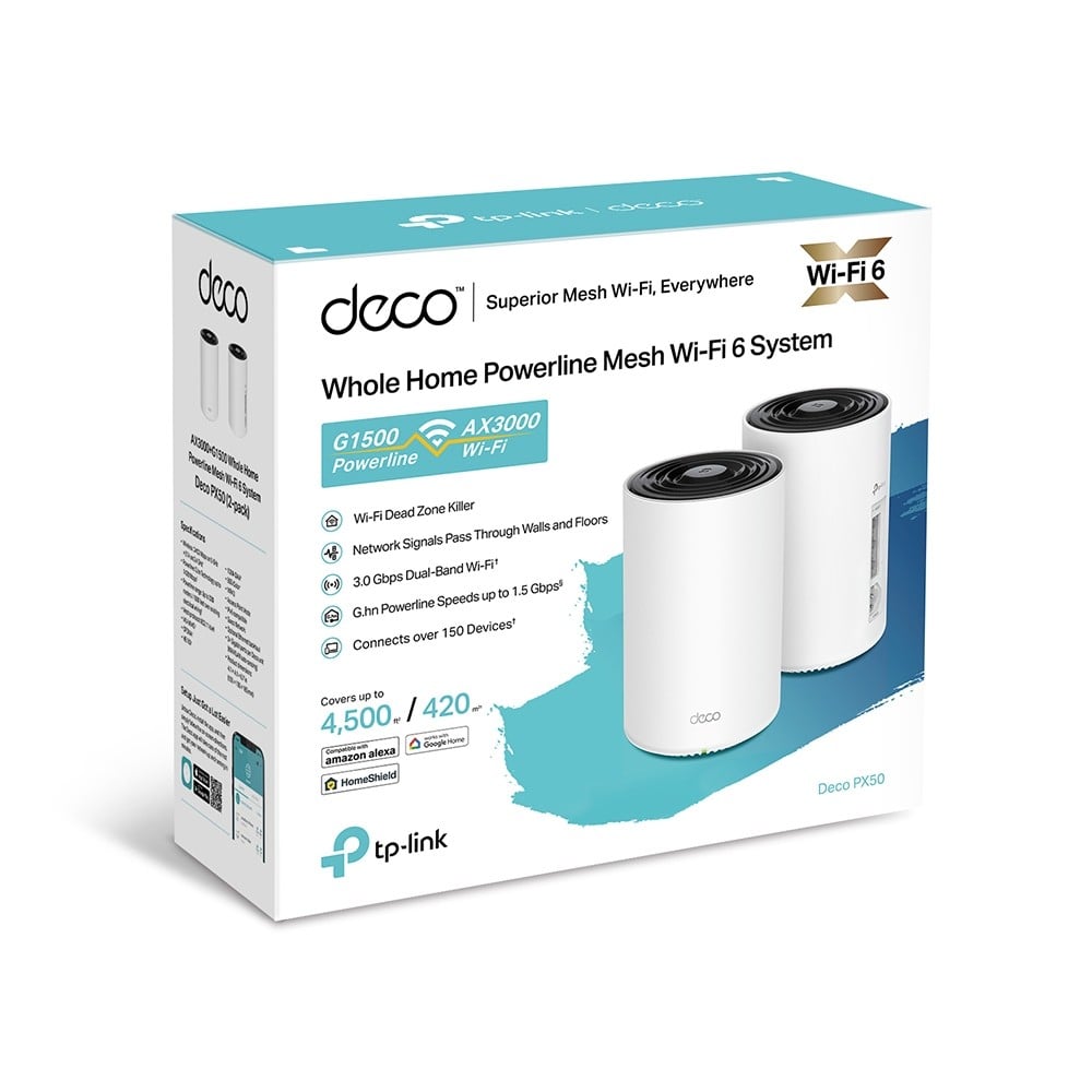 TP-LINK AX3000 + G1500 Whole Home Powerline Mesh Wi-Fi 6 System 574Mbps at 2.4GHz + 2402Mbps at 5GHz + 1428Mbps Powerline