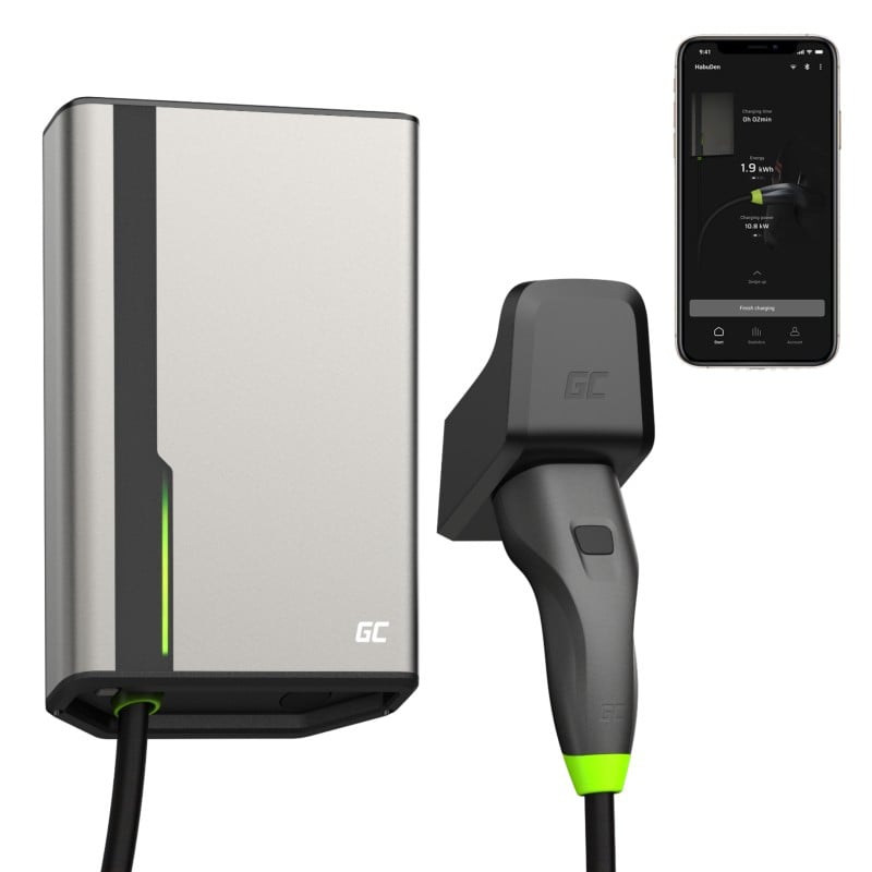 Green Cell EVGC021A2275 HabuDen Wallbox 22kW 32A 7.5m Câble Type 2 Borne de recharge EV intelligente avec GC App Bluetooth WiFi