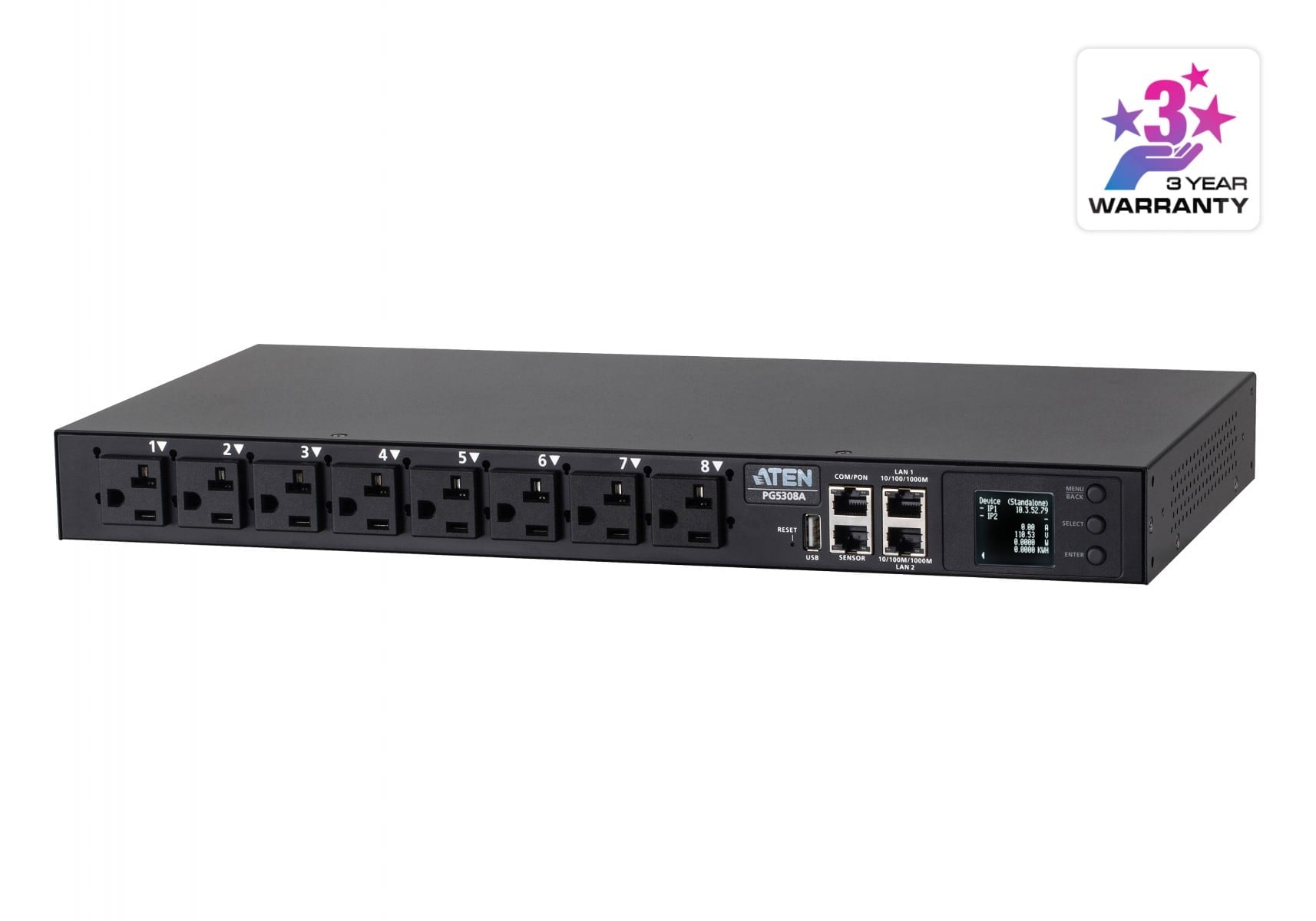 ATEN PG5308G ECO PDU MULTIPRISE IP 6xC13+2xC19 mesuré