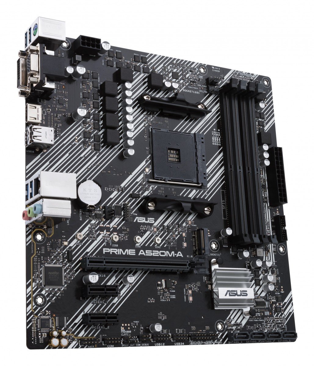 ASUS PRIME A520M-A II/CSM AMD A520 Socket AM4 mATX motherboard features M.2 DP HDMI D-Sub SATA 6 Gbps USB 3.2 Gen 1 ports