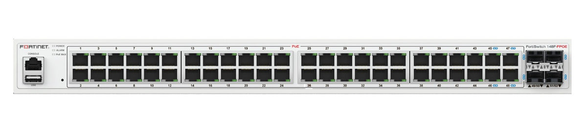 "FortiSwitch-148F-FPOE FortiSwitch-148F-FPOE is a performance/price competitive L2+ management switch with 48x GE port + 4x SFP+ port + 1x RJ45 console. Port 1- "
