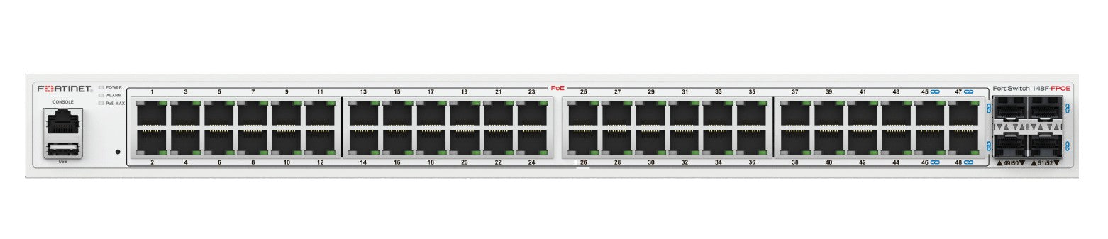 "FortiSwitch-148F-FPOE FortiSwitch-148F-FPOE is a performance/price competitive L2+ management switch with 48x GE port + 4x SFP+ port + 1x RJ45 console. Port 1- "