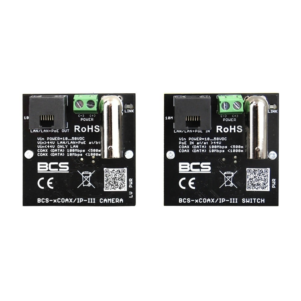 BCS BCS-XCOAX/IP-III Ensemble émetteur-récepteur PoE avec convertisseur Ethernet 10/100Mbps