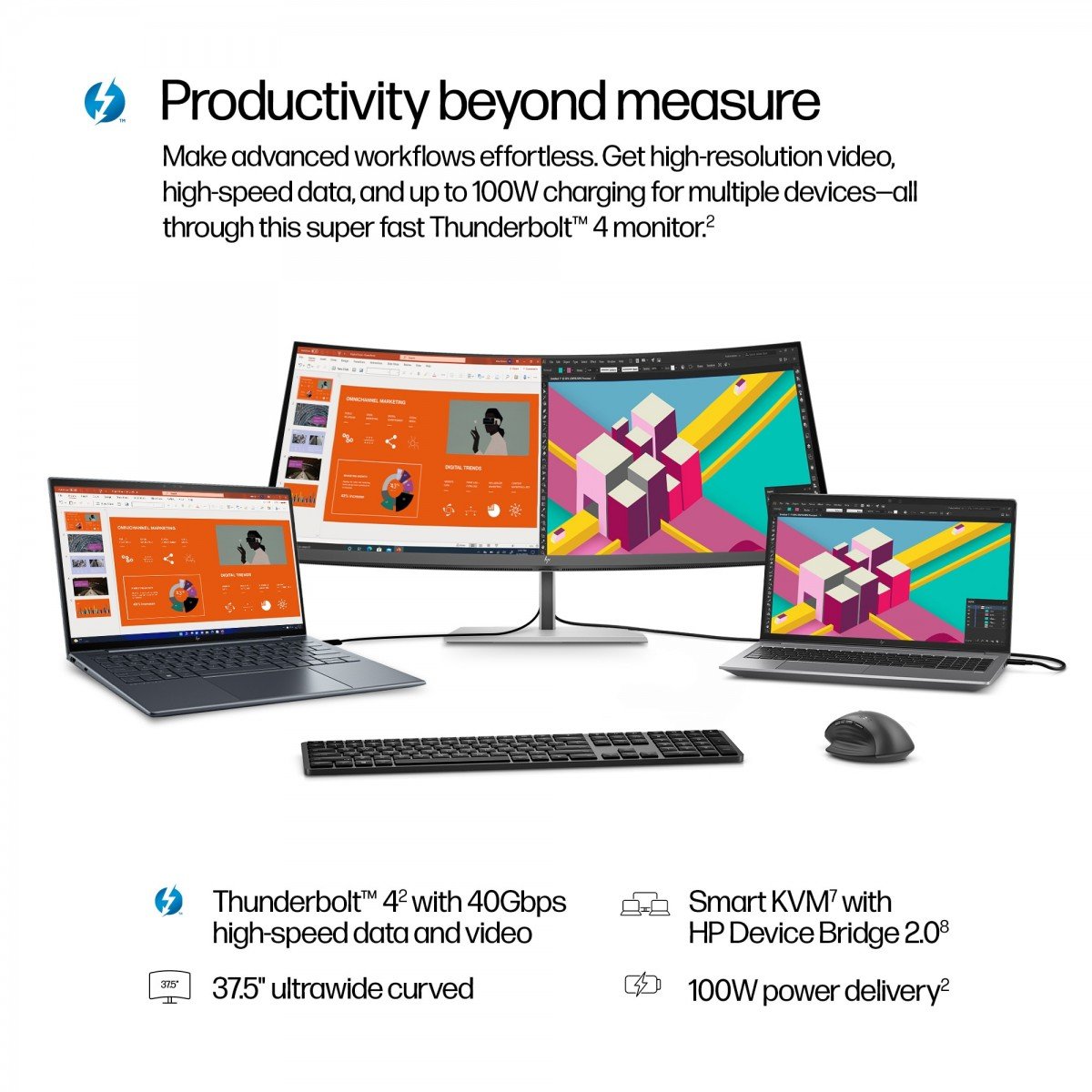 HP Écran incurvé WQHD+ Series 7 Pro 738pu 37.5p WQHD+ 3840x1600 HDMI DisplayPort Thunderbolt 4 3/3/0